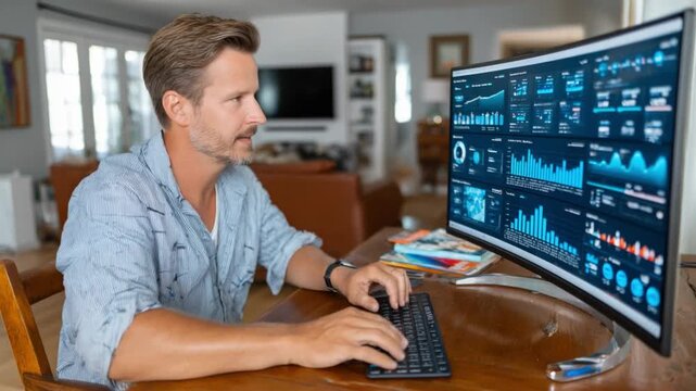 Home Office Analytics: Focused individual analyzes data displayed on a large computer screen, symbolizing productivity and modern workplace operations.