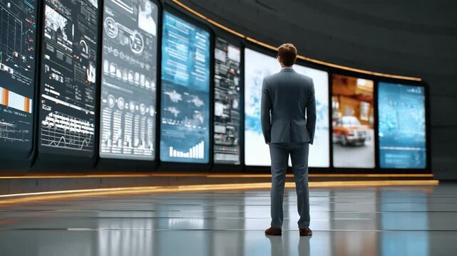 Focused on the Future: A visionary figure stands before a dynamic array of futuristic screens displaying critical information. Focused and forward-thinking, he embodies the cutting edge of progress.