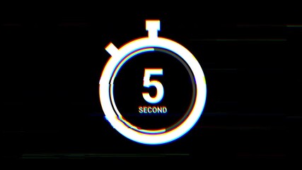 Animated stopwatch 10 second countdown timer with RGB glitch distortion, static noise, and futuristic digital style on black background. 4K video - Powered by Adobe