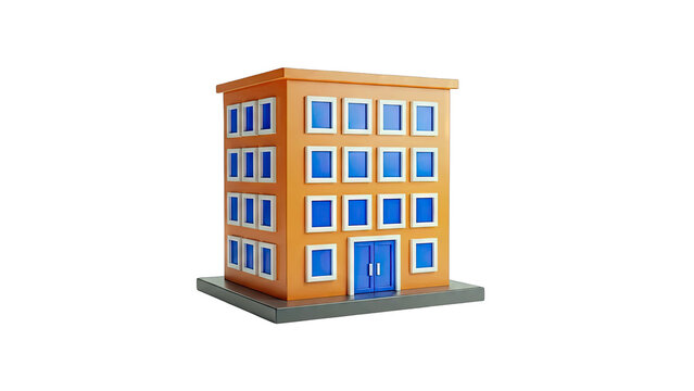 Orange apartment building with blue doors and windows