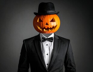 Mannequin-like figure, jack-o'-lantern head, dressed formally