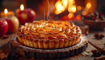 Steaming apple rose tart on a rustic board, bathed in warm fireplace glow, a comforting valentine food dessert for special, cozy evenings.
