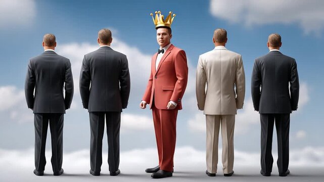 The King's Realm: A man of distinction, adorned with a golden crown and a vibrant red suit, stands apart from his peers, symbolizing leadership and influence.
