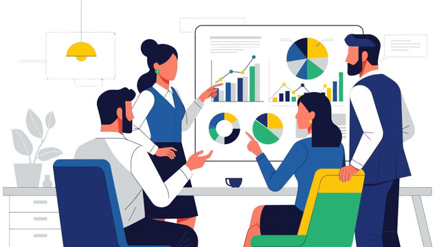 A diverse team of professionals collaboratively analyzes complex financial data and strategic business charts during an important corporate meeting.