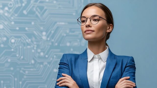 Visionary Woman in Tech: An elegant businesswoman, radiating confidence, embodies the spirit of technological innovation, set against a backdrop of intricate circuit patterns.