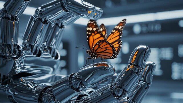 A robotic hand gently holds a beautiful monarch butterfly in a futuristic laboratory setting with blue tones