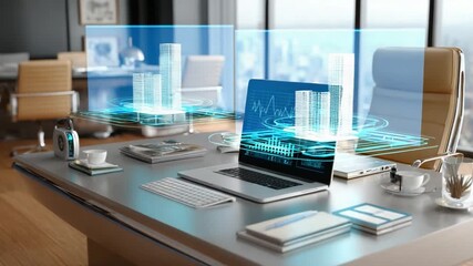 Tech-Savvy Workspace: A modern office environment showcases a laptop displaying financial data. This workspace embodies innovation, merging technology and business in a sleek, functional design. - Powered by Adobe