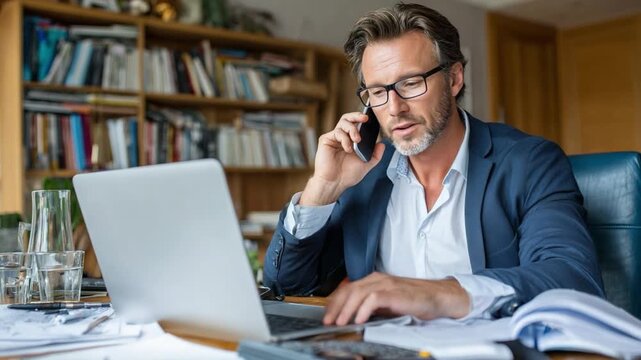 Work-Life Dynamics: A professional adeptly navigates a work-from-home setup, multi-tasking and maintaining connectivity through his phone and laptop.