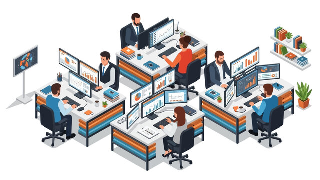 Diverse professionals collaborate efficiently within a modern isometric office, diligently analyzing financial data and business analytics on multiple computer screens.