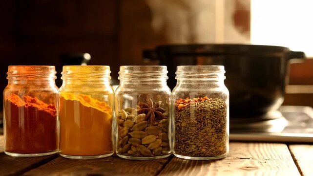 Spice jars stand near a pot on a wooden table in a kitchen.