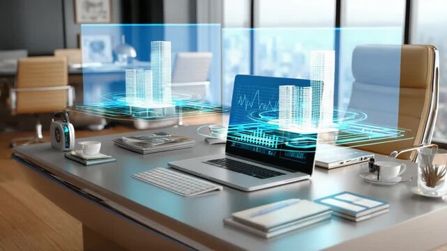 Tech-Savvy Workspace: A modern office environment showcases a laptop displaying financial data. This workspace embodies innovation, merging technology and business in a sleek, functional design.