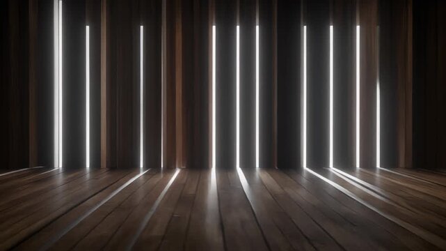 Dark room with wooden floor and vertical light strips.
