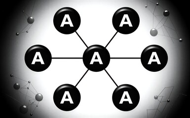 Six black spheres labeled 'A' connect centrally, forming a network diagram.