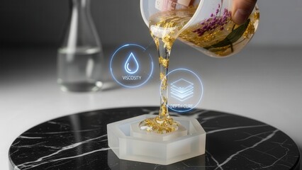 Macro of Clear Epoxy Resin with Gold Leaf and Botanicals Being Poured into a Geometric Mold with Futuristic Holographic Viscosity and Depth Icons