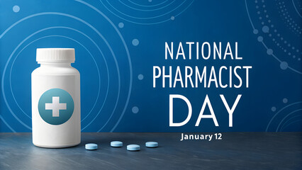 A clean white pill bottle with a prominent medical cross logo stands beside scattered blue pills on a gray surface against a blue abstract background, marking National Pharmacist Day on January 12.