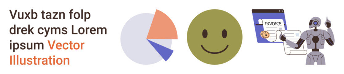 Fototapeta premium Financial analysis, artificial intelligence, business technology, robotic automation, data visualization, conceptual art. Pie chart, green happy face robot reviewing an invoice. Financial analysis