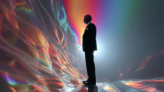 Man's Contemplation: A man stands in thought, silhouetted against an explosion of abstract color and light, creating a scene of deep reflection and introspection.
