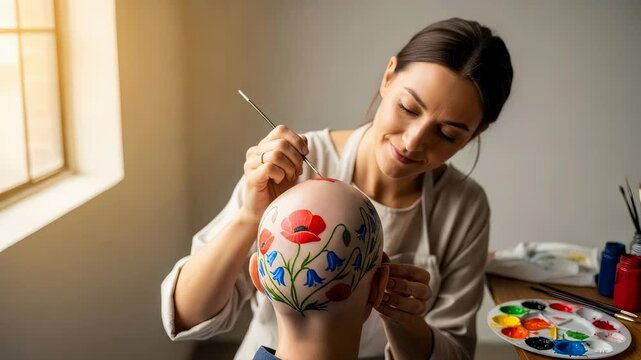 Woman artist painting floral artwork on man s bald scalp, creating beautiful head art for artistic expression
