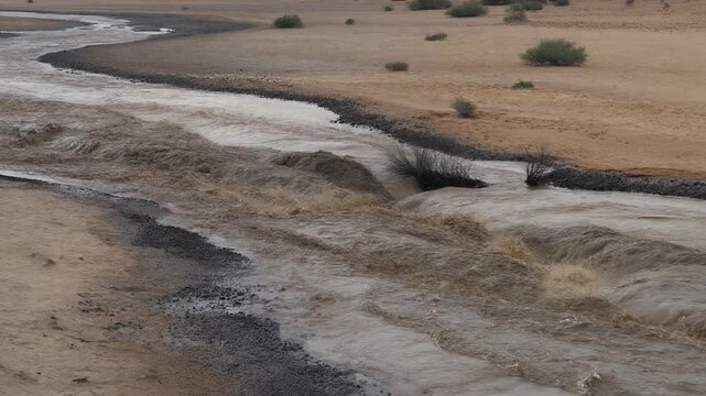 flash flood in arid landscape desert riverbed sand and mud flow.