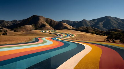 Surreal rainbow roadway winding across abstract hills aesthetic premium wallpaper 4k background