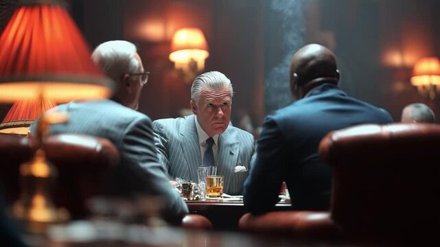 Negotiation under the Shadow: A tense negotiation unfolds amidst the smoky atmosphere of a clandestine meeting, where strategies are quietly discussed and power dynamics are on display.