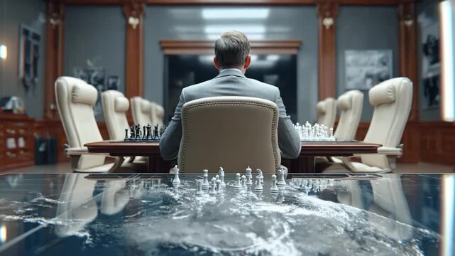 Strategic Vision: A contemplative leader in a lavish office, lost in a strategic chess game, reflecting on the intricacies of strategy and the weight of decisions.