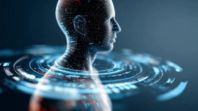 Human Profile in Futuristic Cyber Space: a human profile overlaid with an intricate network of digital data streams, symbolizing the seamless integration of technology and human consciousness.