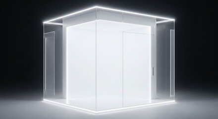 A glowing white cube structure with neon light outlines in a dark, minimalist setting.
