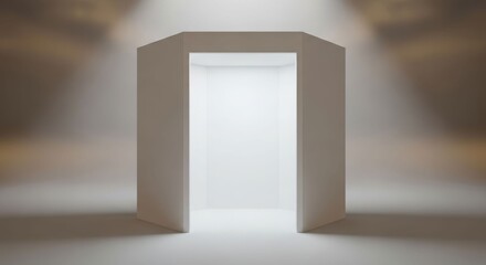 A minimalist white archway or portal illuminated by a soft spotlight in a clean, empty space.