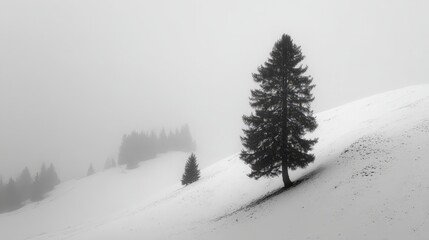 Serene Winter Solitude: A solitary evergreen tree stands sentinel on a snow-covered hillside, shrouded in a soft, misty atmosphere, evoking a sense of tranquility.