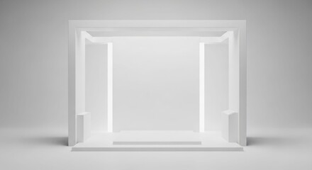 A minimalist white display box with a central platform and vertical lighting, ideal for product showcases.