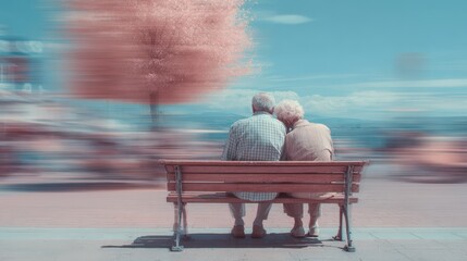 Eternal Embrace: An elderly couple shares a moment of tranquility and lasting love, seated side-by-side on a wooden bench, their gaze fixed on the peaceful horizon.