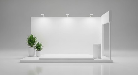Minimalist white exhibition stand with spotlights and green plants, ready for branding.