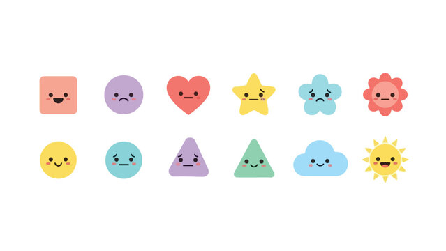 Cute colorful geometric shapes and natural elements vector collection with kawaii emoji faces isolated on white