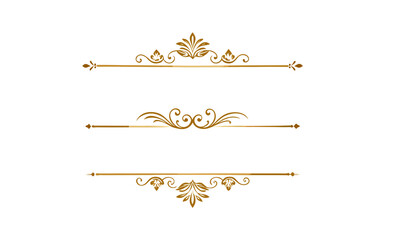 Obraz premium Gold text dividers doodle set. Wedding decorative elements. Divider ornament, borders, floral, vintage line separators. Hand drawn vector illustration isolated on white background. Set page dividers.