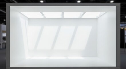 Empty white display box with bright overhead lighting and subtle shadows on the back wall, creating a clean, minimalist space.