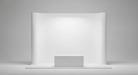 Minimalist white exhibition stand with curved backdrop and podium.