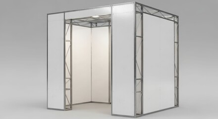 A modern modular exhibition booth with a metal truss frame and white display panels, designed for trade shows or events.