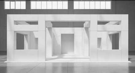 Minimalist white architectural installation with geometric forms and strong shadows in a large indoor space.