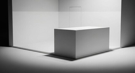 A minimalist white rectangular block standing in a stark, empty white room with subtle shadows.