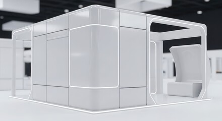 Modern minimalist white exhibition booth design in a convention hall.