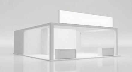 Clean white minimalist 3D rendering of an empty exhibition stand or trade show booth with blank signage.