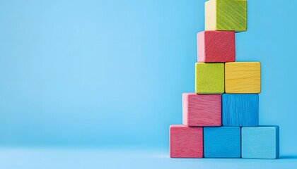 Colorful wooden blocks stacked on blue background.