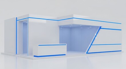 Sleek white and blue modern exhibition booth design for trade shows and corporate events.