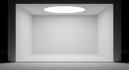 Empty white minimalist room with a circular ceiling light, creating a clean and stark illuminated space.