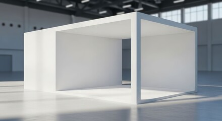 A clean, empty, white rectangular display booth or stand in a large, bright industrial hall with concrete floors.