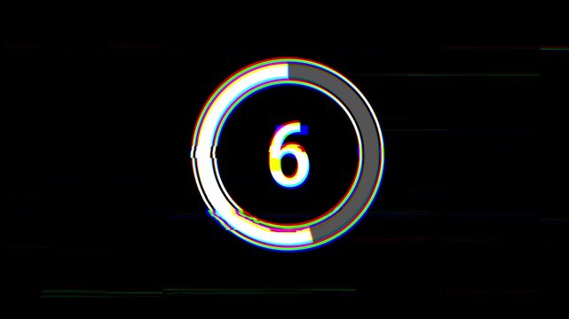 Animated circular 10 second countdown timer with RGB glitch distortion and static noise, futuristic minimal design on black background. 4K video