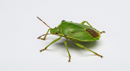 Vibrant green shield bug presents a captivating minimalist aesthetic on a pristine white surface. AI Generated