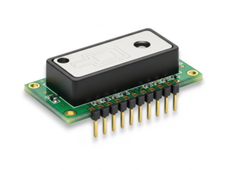 Rectangular electronic sensor module on green pcb with gold pins isolated on transparent background