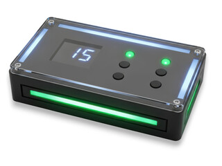 Sleek electronic control unit with digital display and led lights, isolated on transparent background